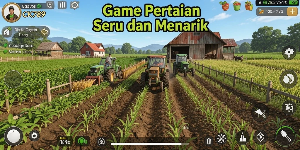 Screenshot gameplay CK789 yang menunjukkan aktivitas pertanian yang seru.