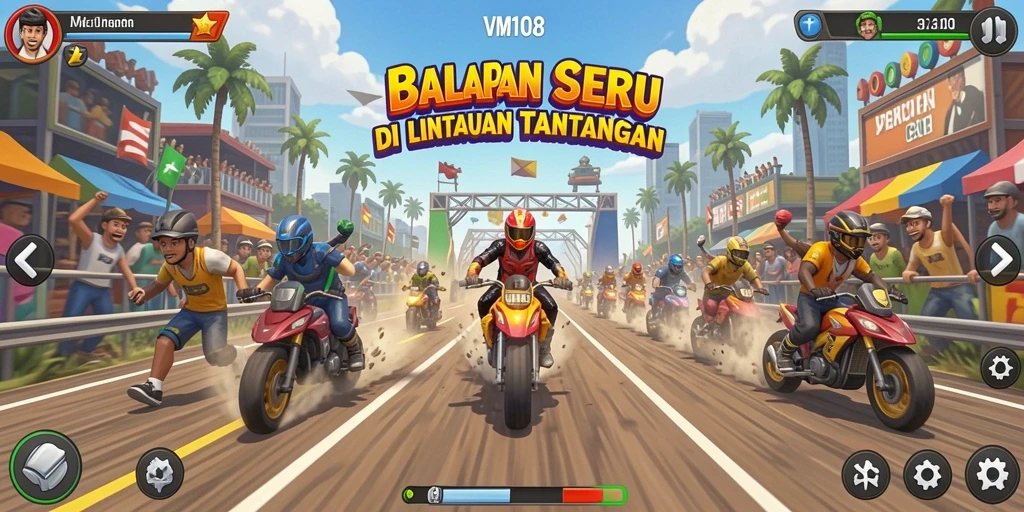 Screenshot gameplay VM108 menampilkan balapan seru di lintasan menantang.